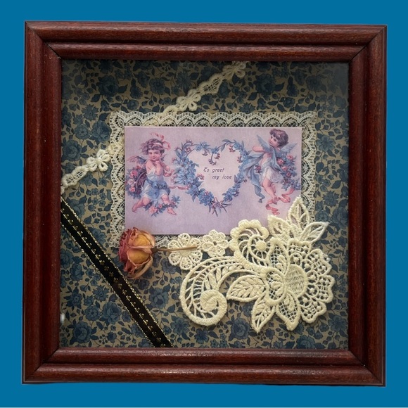 Other - Vintage Victorian Shadow Box Lace Rose To Greet My Love Heart Cherubs Cupids